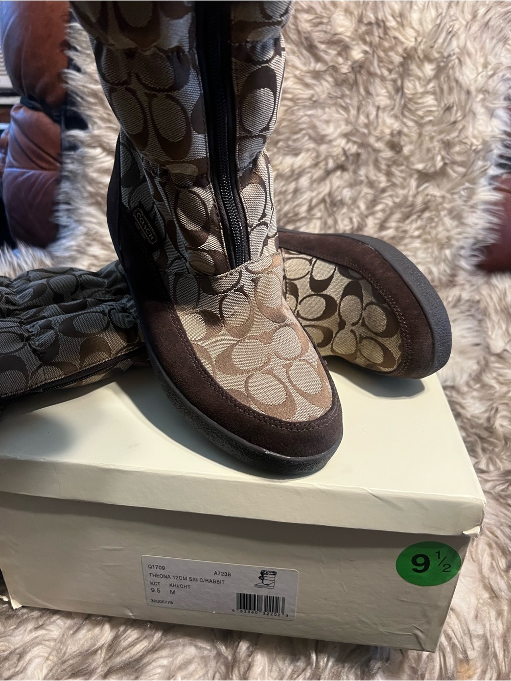 COACH THEONA SIG C/RABBIT ZIP Brown Signature Logo Mid-Calf Boots Sz 9.5 M